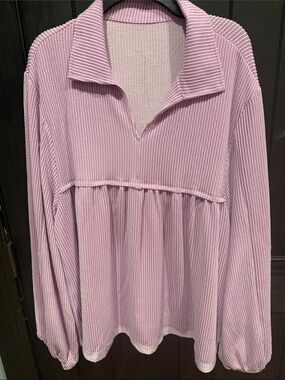Lavender babydoll style Ribbed V-Neck Peplum Long-Sleeve Top